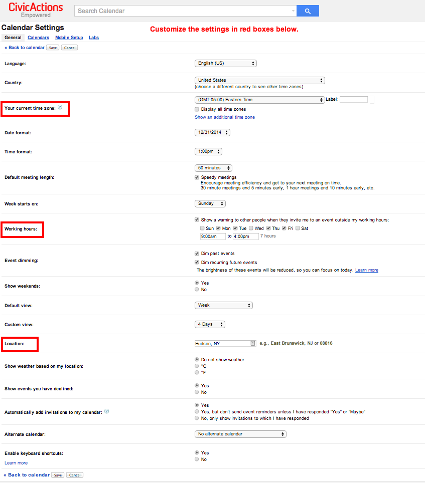 Calendar Settings